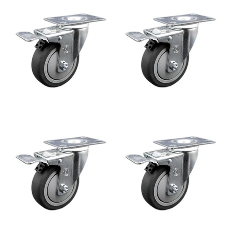 4 Inch SS Thermoplastic Rubber Swivel Top Plate Caster Set Total Lock Brake SCC